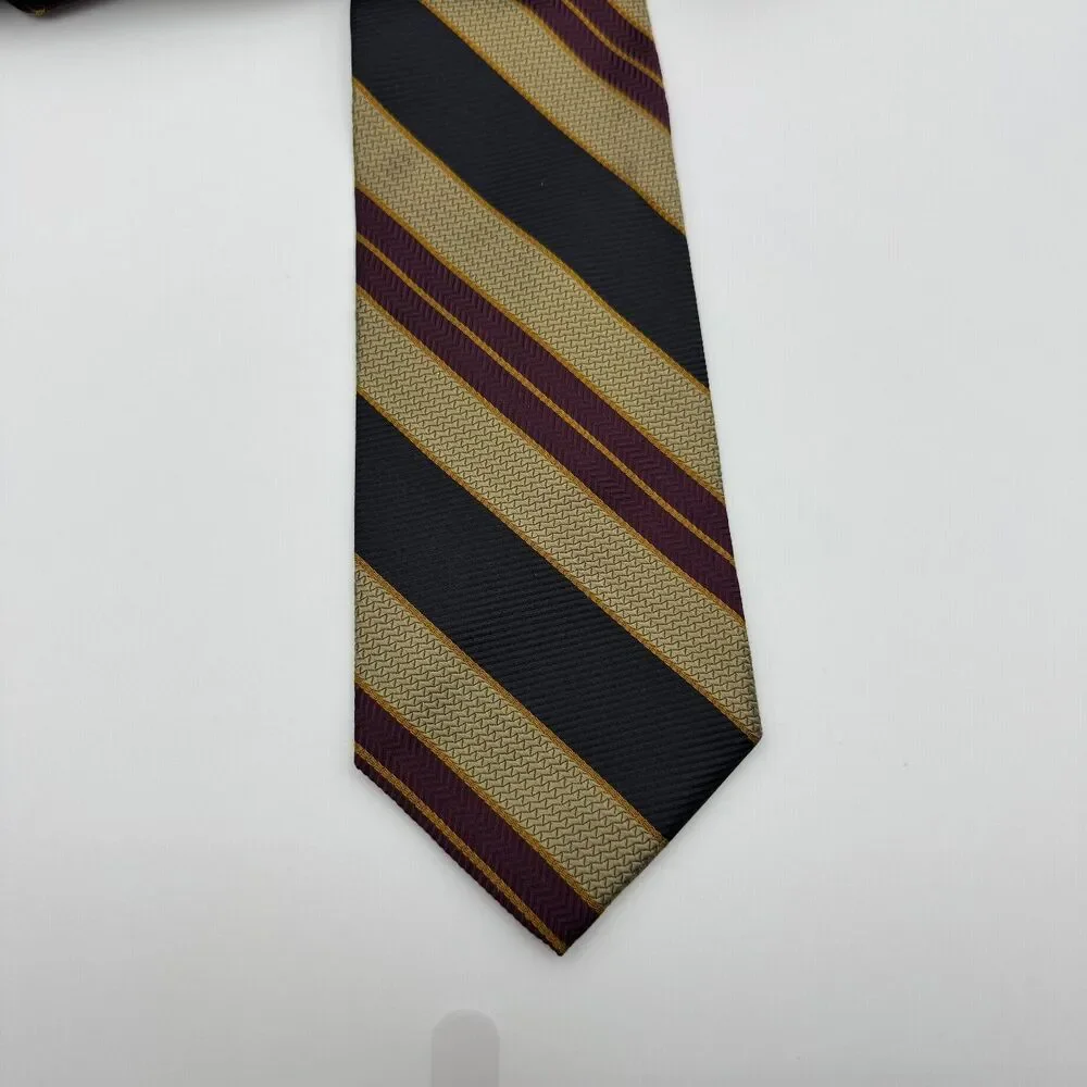 Jos. A. Bank Men's Tie Black Tan Burgundy Striped Silk Classic Prep 90s Y2K
